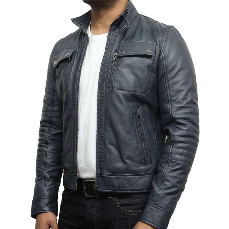 Men's Stand Collar Motorcycle Navy Blue Leather Jacket Men's Stand Collar Motorcycle Navy Blue Leather Jacket