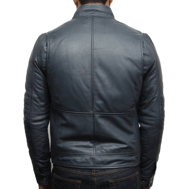 Men's Stand Collar Motorcycle Navy Blue Leather Jacket Men's Stand Collar Motorcycle Navy Blue Leather Jacket