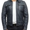 Men's Stand Collar Motorcycle Navy Blue Leather Jacket