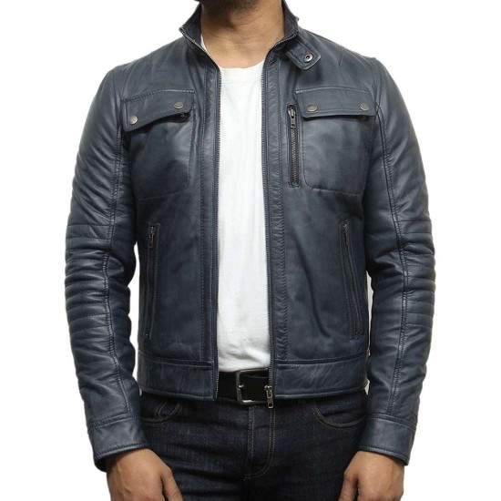 Men's Stand Collar Motorcycle Navy Blue Leather Jacket