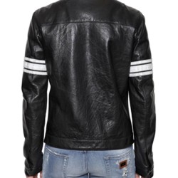 Men's White Striped Black Leather Motorcycle Jacket