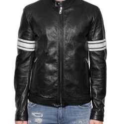 Men's White Striped Black Leather Motorcycle Jacket