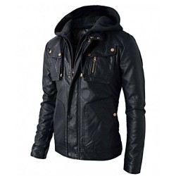 Men's Biker Style Faux Black Leather Jacket with Hood