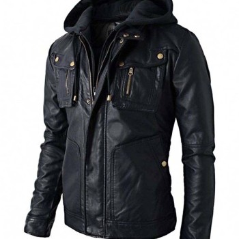 Men's Biker Style Faux Black Leather Jacket with Hood