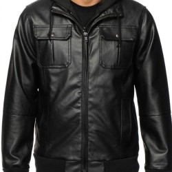 Men's Faux Black Leather Bomber Jacket with Hood