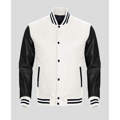 Men's Black Leather and Wool White Varsity Jacket - Films Jackets