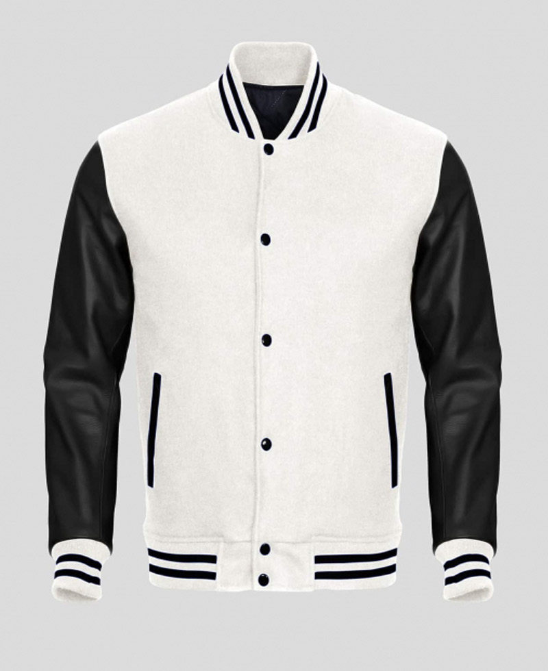 Men's Black Leather and Wool White Varsity Jacket Men's Black Leather and Wool White Varsity Jacket