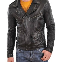 Men's Asymmetrical Zipper Motorcycle Black Leather Jacket