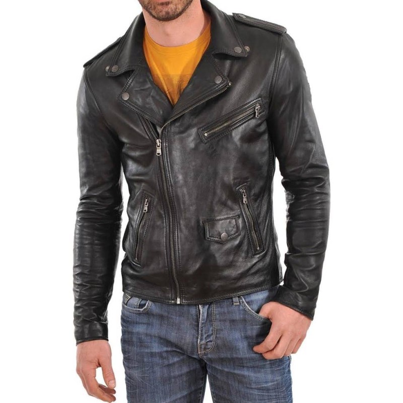 Men's Asymmetrical Zipper Motorcycle Black Leather Jacket Men's Asymmetrical Zipper Motorcycle Black Leather Jacket