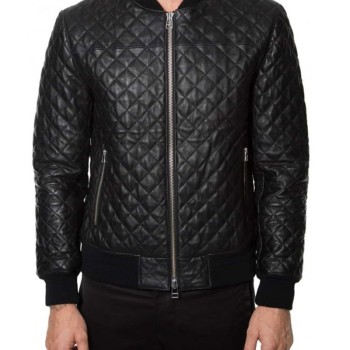 Men's Diamond Quilted Black Leather Bomber Jacket