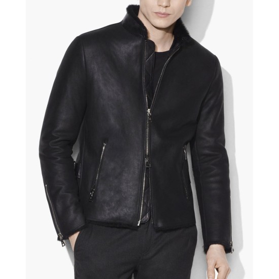 Men's Shearling Motorcycle Black Leather Jacket