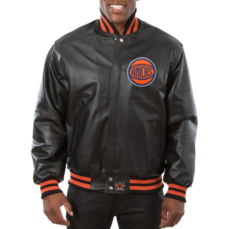 Men's Knicks New York Black Leather Bomber Jacket Men's Knicks New York Black Leather Bomber Jacket