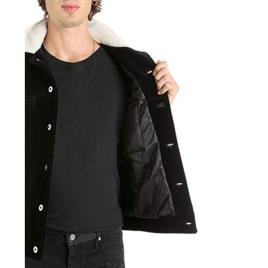 Men's Black Shirt Style Velvet Jacket with Fur Collar