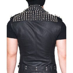 Men's Belted Studded Black Leather Vest