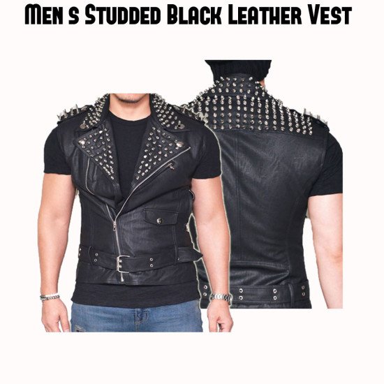 Men's Belted Studded Black Leather Vest
