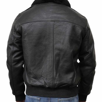 Men's Classic Style Black Leather Bomber Jacket with Fur Collar