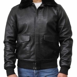 Men's Classic Style Black Leather Bomber Jacket with Fur Collar