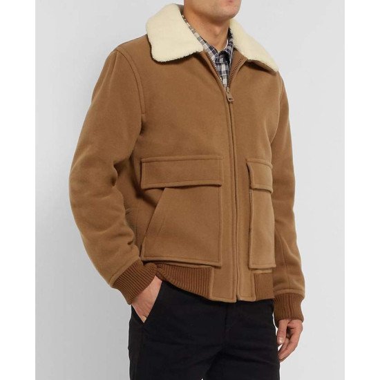Men's Bomber Brown Wool Jacket with Fur Collar