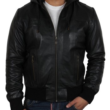 Men's Casual Bomber Black Leather Hooded Jacket