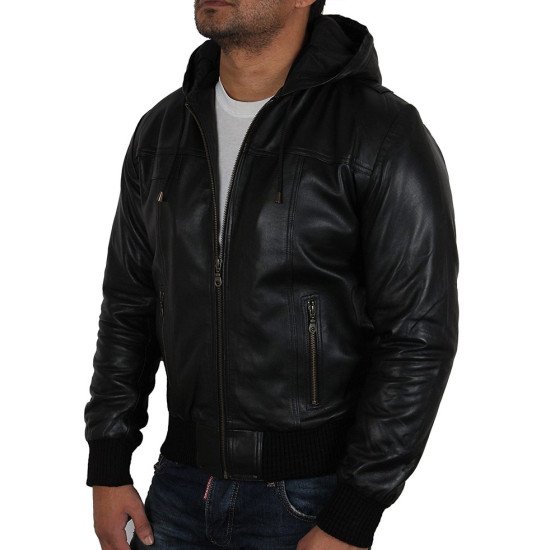 Men's Casual Bomber Black Leather Hooded Jacket