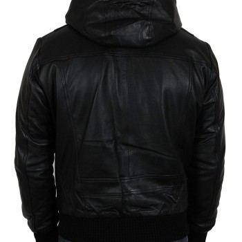 Men's Casual Bomber Black Leather Hooded Jacket