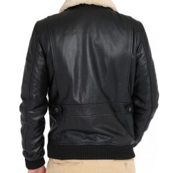 Men's Black Leather Bomber Jacket with Fur Collar