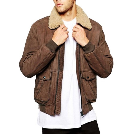 Men's Bomber Wrangler Leather Jacket with Fur Collar