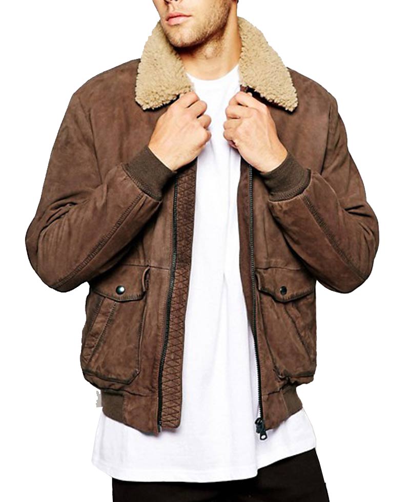 Men's Brown Leather Bomber Wrangler Jacket with Sherpa Fur Collar - Films  Jackets