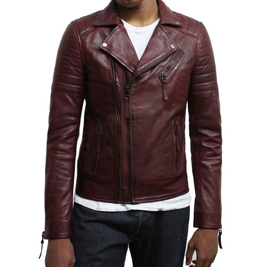 Men's Brando Style Asymmetrical Zipper Burgundy Biker Jacket