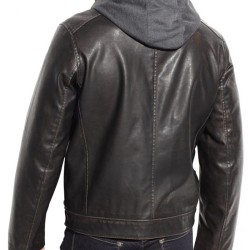 Men's Brown Leather Jacket With Grey Hood