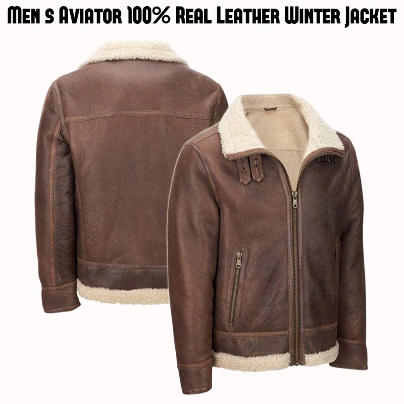 Men's Aviator Faux Shearling Brown Leather Jacket Men's Aviator Faux Shearling Brown Leather Jacket