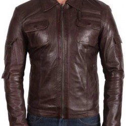 Men's Shirt Collar Brown Leather Biker Jacket