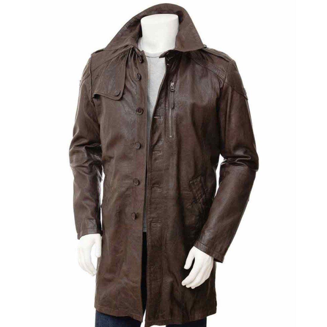 Men's Single Breasted Waxed Brown Leather Coat - Films Jackets