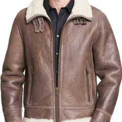 Men's High Neck Collar Shearling Rugged Brown Leather Jacket