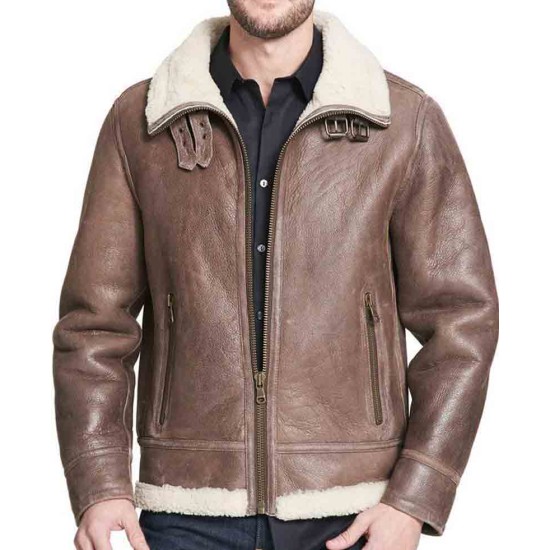 Men's High Neck Collar Shearling Rugged Brown Leather Jacket