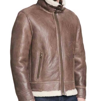 Men's High Neck Collar Shearling Rugged Brown Leather Jacket