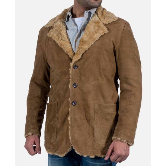 Men's Brown Suede Leather Jacket with Faux Fur
