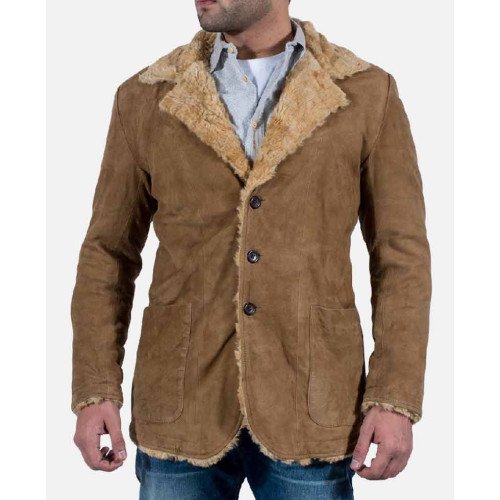 Men's Suede Brown Shearling Jacket with Fur Collar - Films Jackets
