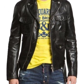 Men's Double Zipper and Button Closure Leather Jacket