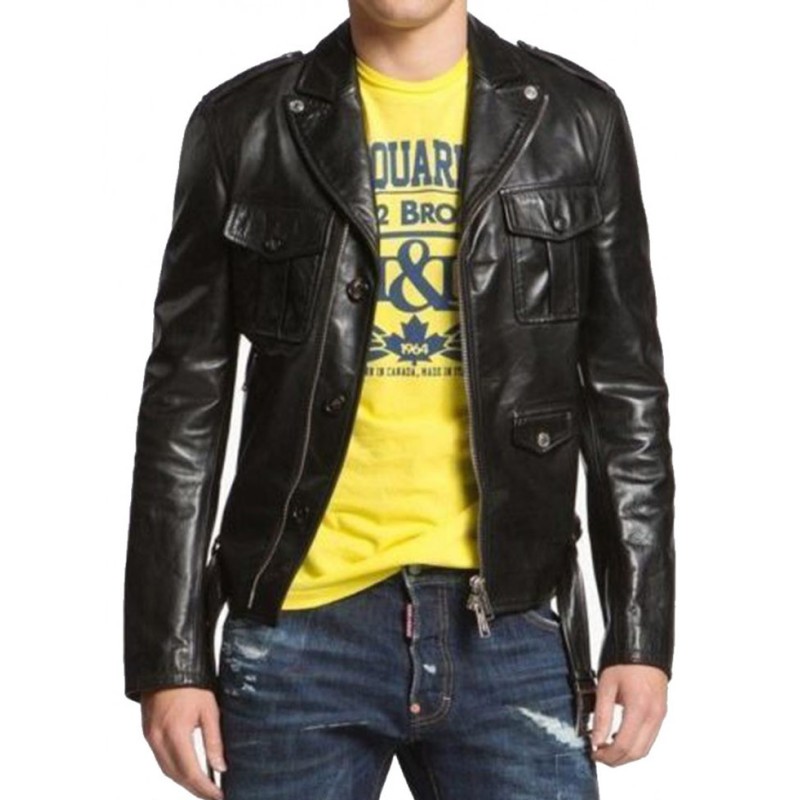 Men's Double Zipper and Button Closure Leather Jacket
