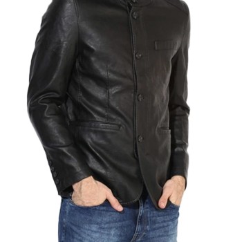 Men's Stand Collar Button Closure Black Leather Blazer
