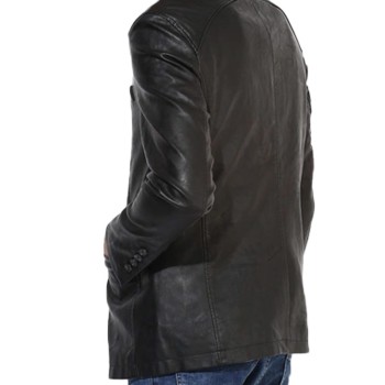 Men's Stand Collar Button Closure Black Leather Blazer