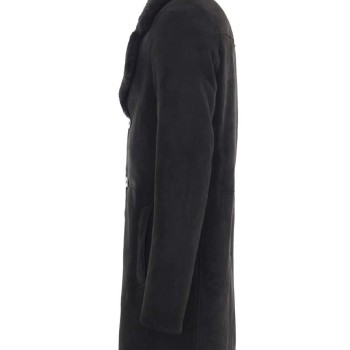Men's Button Closure Black Suede Shearling Coat