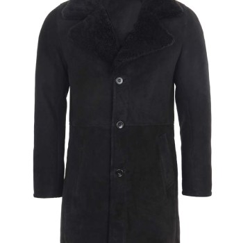 Men's Button Closure Black Suede Shearling Coat