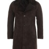 Men's Button Closure Brown Suede Shearling Coat with Fur Collar