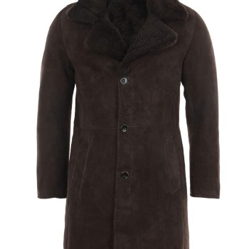 Men's Button Closure Brown Suede Shearling Coat with Fur Collar