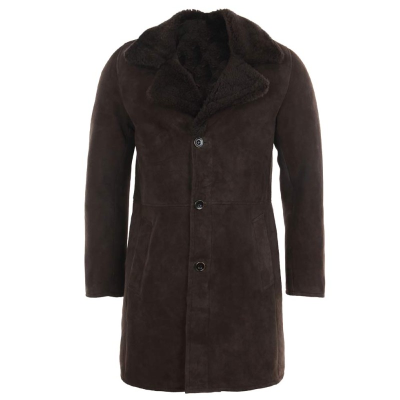 Men's Button Closure Brown Suede Shearling Coat with Fur Collar