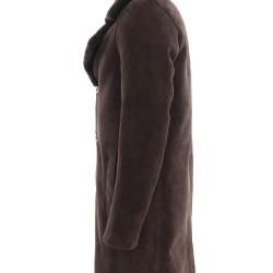 Men's Button Closure Brown Suede Shearling Coat with Fur Collar