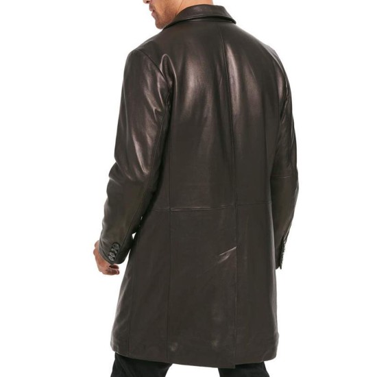 Men's Button Closure Mid Length Smooth Leather Coat
