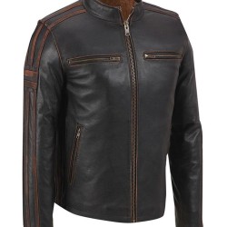 Men's Cafe Racer Stripe Brown Leather Jacket